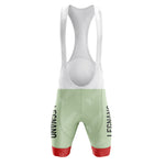 La Vie Claire Pink Retro Cycling Set: A chic combo with a white top and light green shorts featuring LEGNANO text. The Retro bib shorts have red leg bands and thin shoulder straps, ideal for those who appreciate comfort and classic style.