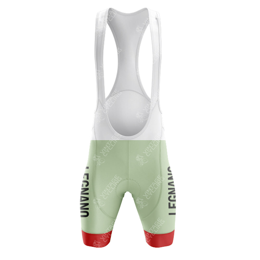 La Vie Claire Pink Retro Cycling Set: A chic combo with a white top and light green shorts featuring LEGNANO text. The Retro bib shorts have red leg bands and thin shoulder straps, ideal for those who appreciate comfort and classic style.