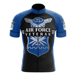 A retro Ferrari Short Sleeve Cycling Set with blue sleeves and black front, featuring a large eagle emblem, the words Air Force Veteran, and eagle designs on the shoulders.