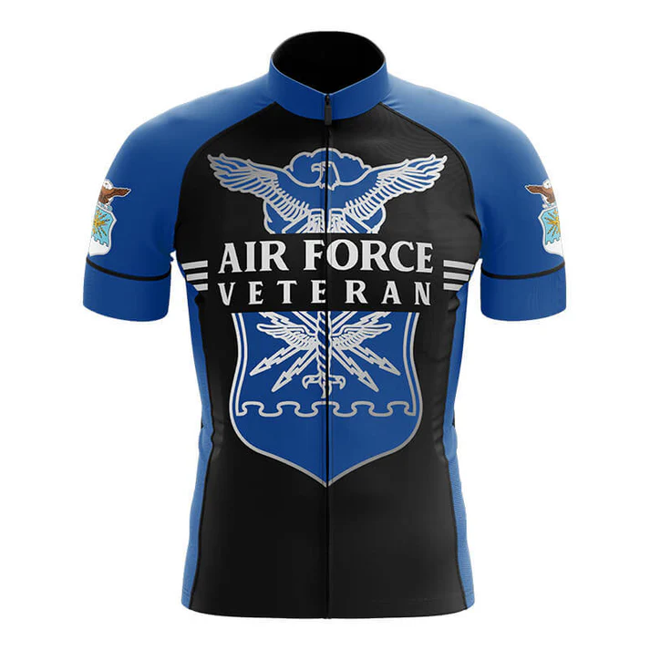 A retro Ferrari Short Sleeve Cycling Set with blue sleeves and black front, featuring a large eagle emblem, the words Air Force Veteran, and eagle designs on the shoulders.