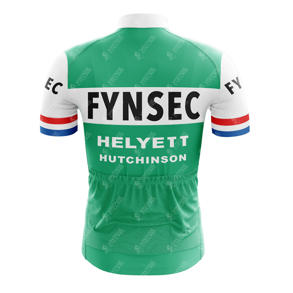 The FYNSEC Retro Short Sleeve Cycling Set features a green jersey with white sleeves, FYNSEC and HELYETT HUTCHINSON in bold black, red, white, and blue sleeve bands. It includes three back pockets for convenience on your stylish ride.