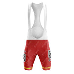 The BIC Red Retro Short Sleeve Cycling Set includes red cycling bib shorts with logos, a white bib, and yellow stripes near the hem. Made of Lycra, they offer a smooth, stretchy look that captures the vintage cycling aesthetic perfectly.