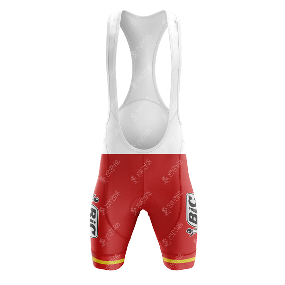 The BIC Red Retro Short Sleeve Cycling Set includes red cycling bib shorts with logos, a white bib, and yellow stripes near the hem. Made of Lycra, they offer a smooth, stretchy look that captures the vintage cycling aesthetic perfectly.
