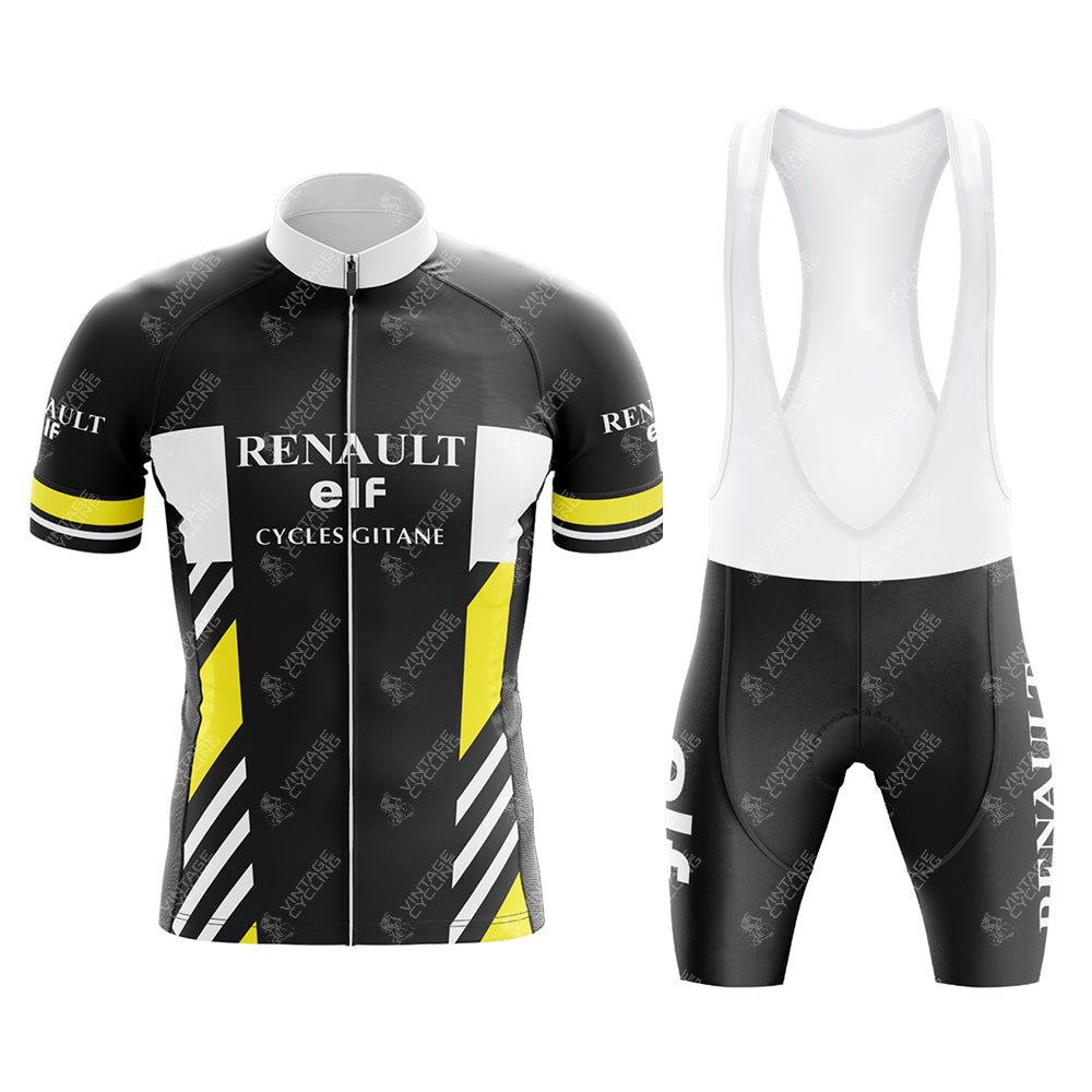 The Renault Elf Gitane Retro Cycling Jersey Set features a nostalgic design with black, white, and yellow vertical stripes. Complete with vintage logos, the jersey has a full zip while the matching bib shorts enhance the iconic Tour de France-inspired look.