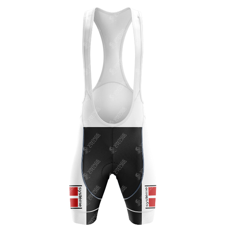 Pair the Tricofilina Coppi Retro Short Sleeve Cycling Set bib shorts—white straps and upper, black lower, red and white thigh details with “systeme” and a rectangle—for a classic retro cycling look.