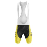 The Sem-France Loire Retro Short Sleeve Cycling Set features bib shorts with a white upper, black center panel, and yellow lower legs. Bold black "MANN" lettering is printed on both thighs for a classic retro look.