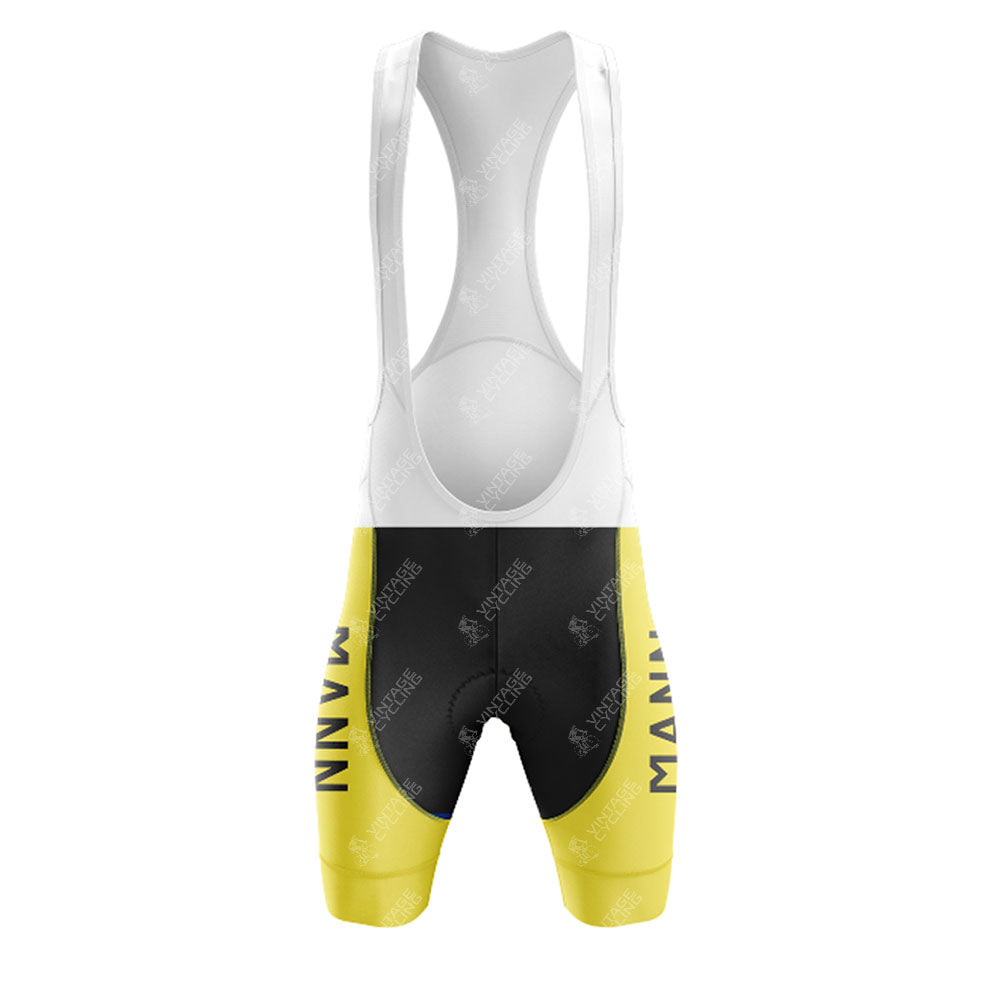 The Sem-France Loire Retro Short Sleeve Cycling Set features bib shorts with a white upper, black center panel, and yellow lower legs. Bold black "MANN" lettering is printed on both thighs for a classic retro look.