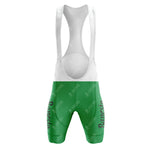 The 1990s Banesto Retro Short Sleeve Cycling Set includes a green and white top with matching green bib shorts, featuring Banesto in black text on the left leg against a white backdrop, evoking a classic cycling feel.