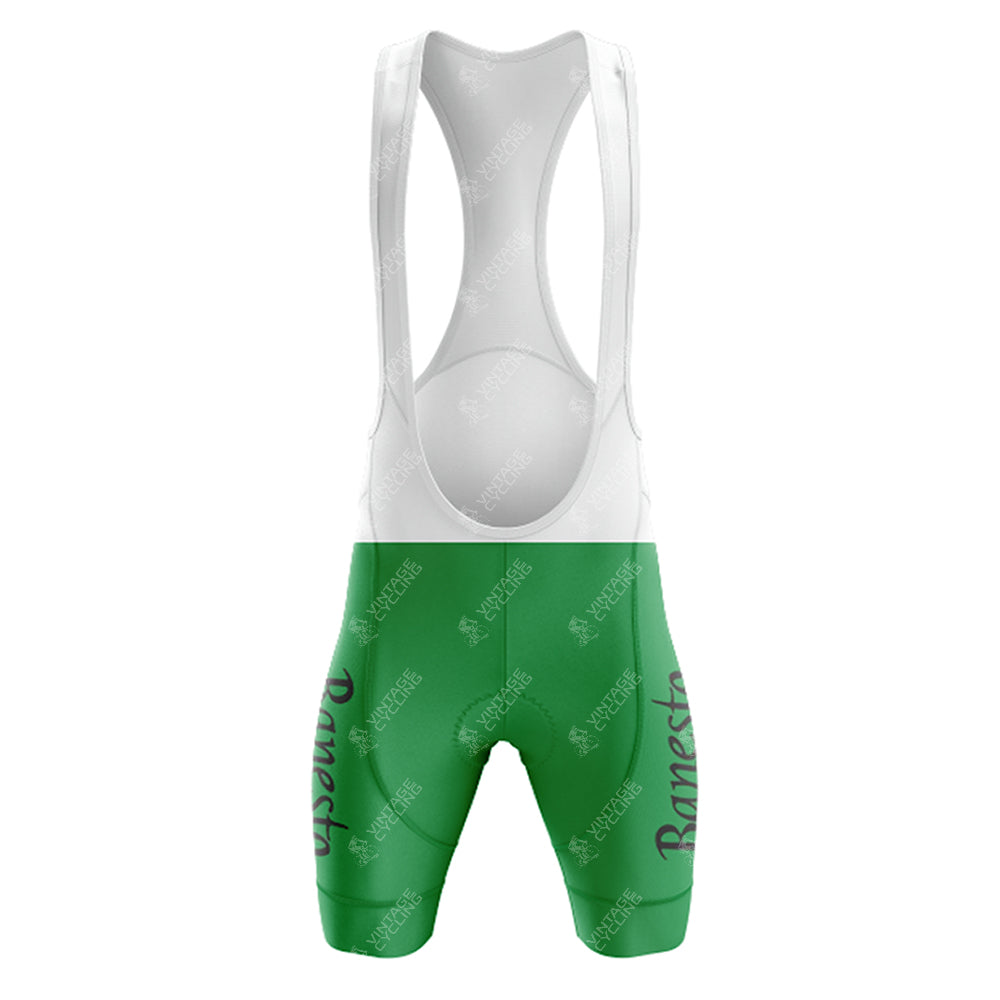 The 1990s Banesto Retro Short Sleeve Cycling Set includes a green and white top with matching green bib shorts, featuring Banesto in black text on the left leg against a white backdrop, evoking a classic cycling feel.