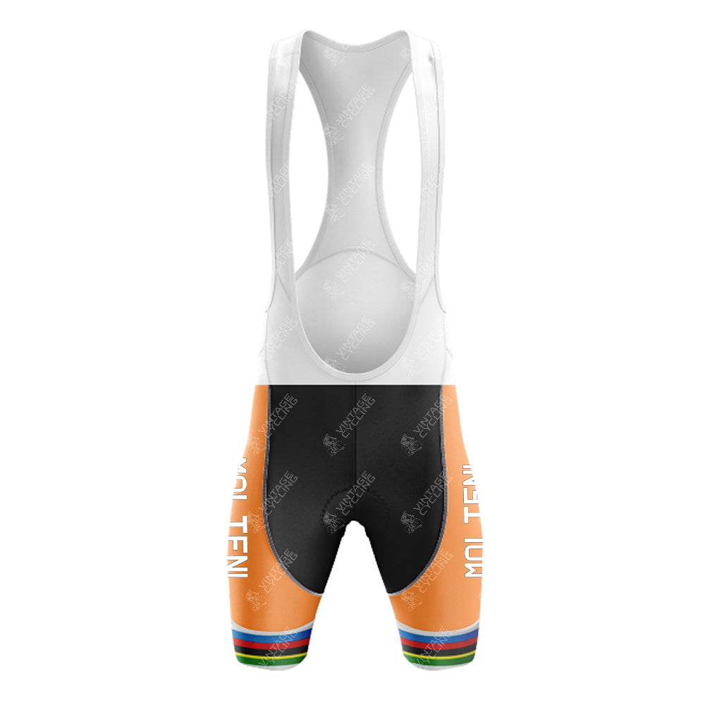 Relive the nostalgia with our MOLTENI Retro Short Sleeve Cycling Set. This iconic orange and black design features MOLTENI text on the sides, a multicolored stripe at the bottom, and a comfortable white breathable mesh back for added comfort and style.