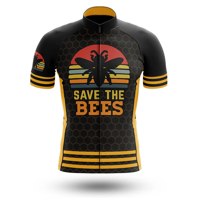 The U.S. Army V2 Men Short Sleeve Cycling Set features a black and yellow design with short sleeves, honeycomb pattern, bee silhouette, sunset graphic, SAVE THE BEES text on the front, and yellow stripes on the sleeves and hem—a standout for caring riders.