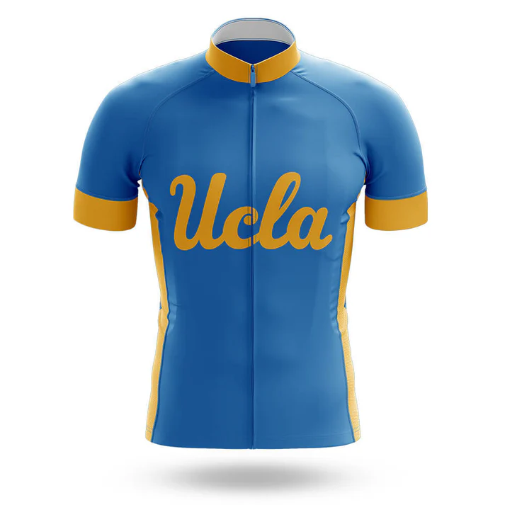 A men's short-sleeve cycling jersey set inspired by the Chicago flag, blue with gold trim on sleeves and sides, featuring "USC" in large gold script across the chest.