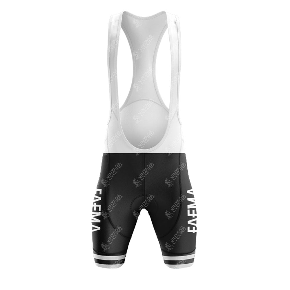 Cycling bib shorts in black and white with FAEMA on one leg, featuring shoulder straps and a mesh back for ventilation. Complements the FAEMA Black Retro Short Sleeve Cycling Set for a complete vintage look.