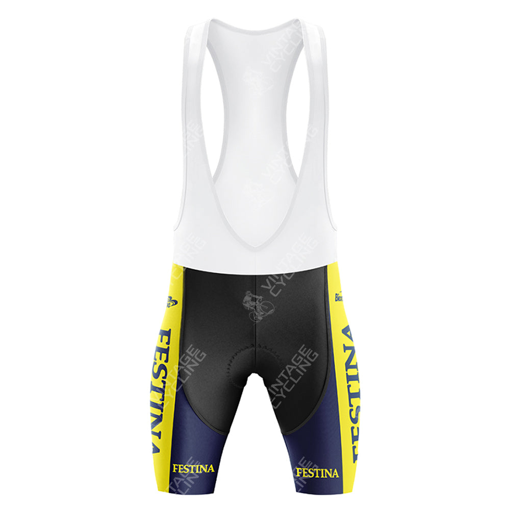 The FESTINA yellow and black cycling bib shorts with a white bib top are perfect for retro enthusiasts. Featuring vertical branding on the sides, they pair seamlessly with the FESTINA Retro Short Sleeve Cycling Set. Check our sizing guide for the best fit.