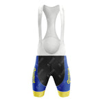 The Reynolds Aluminio Blue Retro Short Sleeve Cycling Set features bib shorts with a white mesh upper, blue and black lower section, yellow leg cuffs, and "Peugeot" in yellow—ideal to pair with its breathable jersey for a complete retro look.