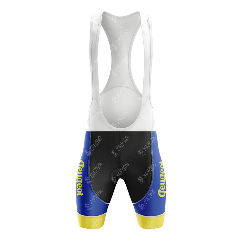 The Reynolds Aluminio Blue Retro Short Sleeve Cycling Set features bib shorts with a white mesh upper, blue and black lower section, yellow leg cuffs, and "Peugeot" in yellow—ideal to pair with its breathable jersey for a complete retro look.