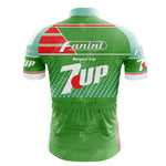 The VELDA LATINA Retro Cycling Jersey is a green polyester piece with 7UP branding, Fanini and Seven Up text on the back, red and white accents, dot patterns, stripes, and silicone waist strips for a secure fit. Ideal for cycling enthusiasts!.