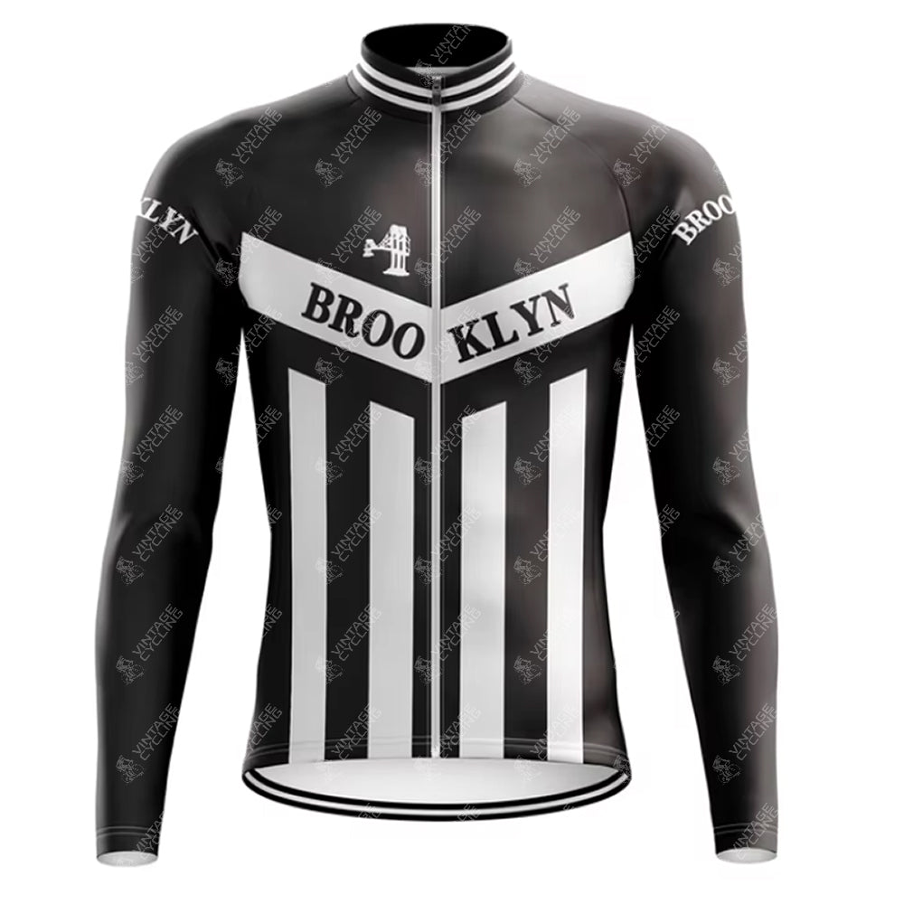 Retro cycling jersey featuring vertical black and white stripes with Brooklyn on the chest, an illustrated bell graphic on the upper left, inspired by Roger de Vlaemincks iconic Brooklyn Chewing Gum team style. Available as part of the Brooklyn Chewing Gum Retro Cycling Jersey Long Set (with Fleece Option).