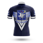 The Austria Men Short Sleeve Cycling Set is a navy blue, moisture-wicking jersey with a bold winged horse and rider emblem, crescent moon, and "Night Stalkers" text on the front.