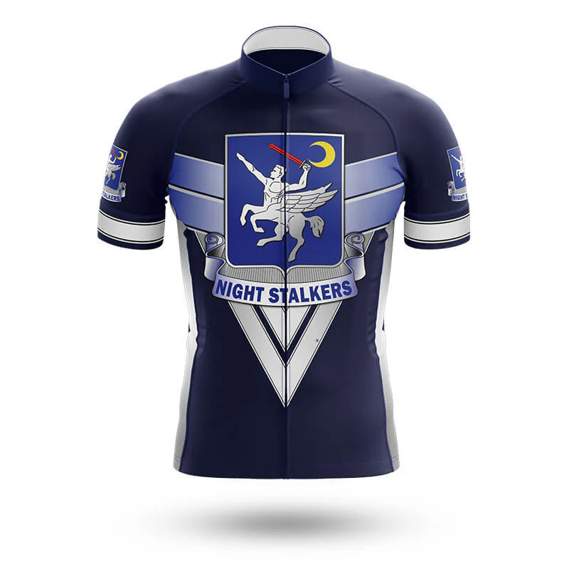 The Austria Men Short Sleeve Cycling Set is a navy blue, moisture-wicking jersey with a bold winged horse and rider emblem, crescent moon, and "Night Stalkers" text on the front.