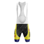 The KAS Retro Short Sleeve Cycling Set includes yellow and black bib shorts with a white upper, branded text on the sides, a logo near the hem, and blue accents at the leg bottom.