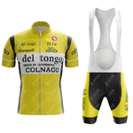 Relive the 1983 del tongo era with the Retro Short Sleeve Cycling Set, which includes a yellow and black jersey featuring classic logos and a front zipper, complemented by bib shorts with white straps for a timeless look.