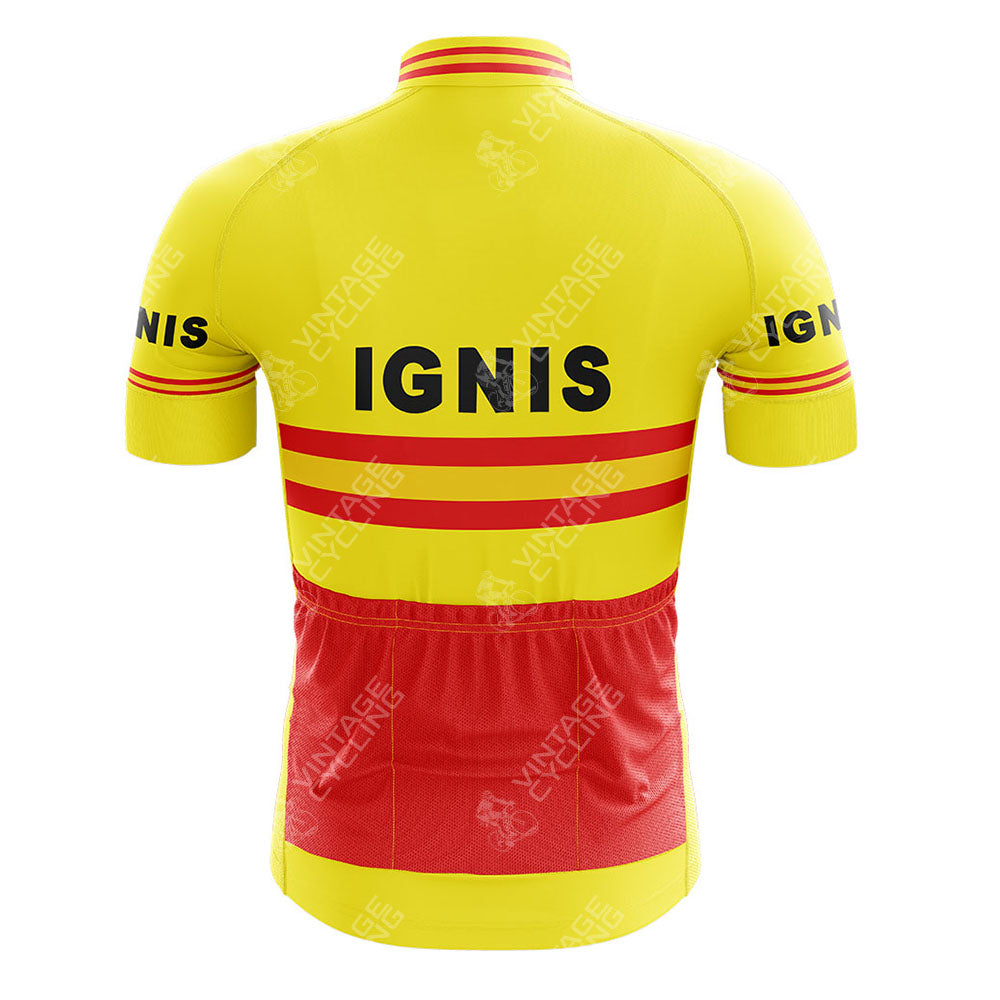 The Jacky Aernoudt Meubel Rossin Retro Short Sleeve Cycling Set features a back view with IGNIS branding, vibrant yellow and red colors, horizontal red stripes on the sleeves, a red lower section with convenient pockets, and matching shorts for a dynamic cycling look.