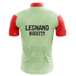 Rear view of a light green retro cycling jersey with red sleeves and collar, featuring LEGNANO and PIRELLI in black on the back. The fabric has a subtle lion logo pattern, ideal for any short sleeve set like the La Vie Claire Pink Retro Cycling Set.