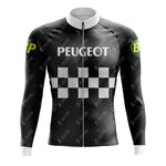 The PEUGEOT Black Retro Long Sleeve Cycling Set boasts a stylish black and white checkered design with PEUGEOT text, green and yellow BP logos on the shoulders, breathable fabric, a white collar, and a front zipper.
