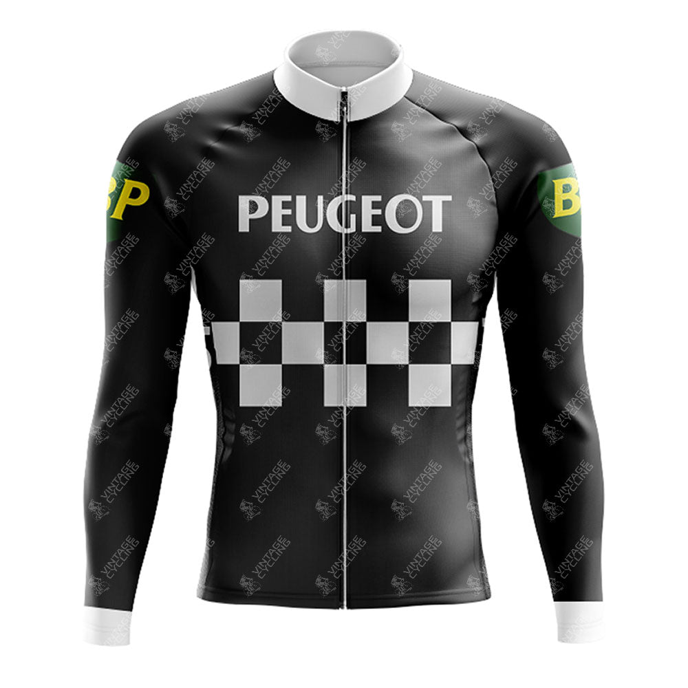The PEUGEOT Black Retro Long Sleeve Cycling Set boasts a stylish black and white checkered design with PEUGEOT text, green and yellow BP logos on the shoulders, breathable fabric, a white collar, and a front zipper.