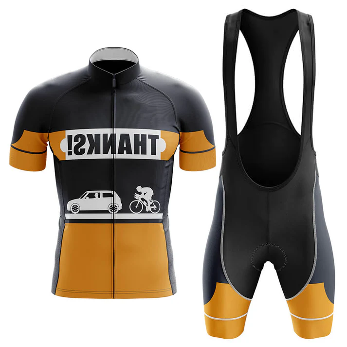 The U.S. Navy Veteran Short Sleeve Cycling Set features a stylish black, orange, and gray jersey with bold mirrored “THANKS!”, white car and cyclist icons—perfect customizable cycling gear to stand out on every ride.