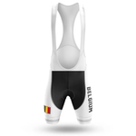 The Austria Black Men Short Sleeve Cycling Set features black cycling bib shorts with white detailing, inspired by performance cycling jerseys. "AUSTRIA" is written vertically on one leg, and the Austrian flag appears near the hem. White shoulder straps complete the bib.
