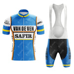 The Salvarani 1972 Retro Short Sleeve Cycling Set features a blue, white, and black jersey with sponsor logos, yellow-orange accents, and classic style—perfect for cycling enthusiasts. Includes jersey and matching bib shorts.