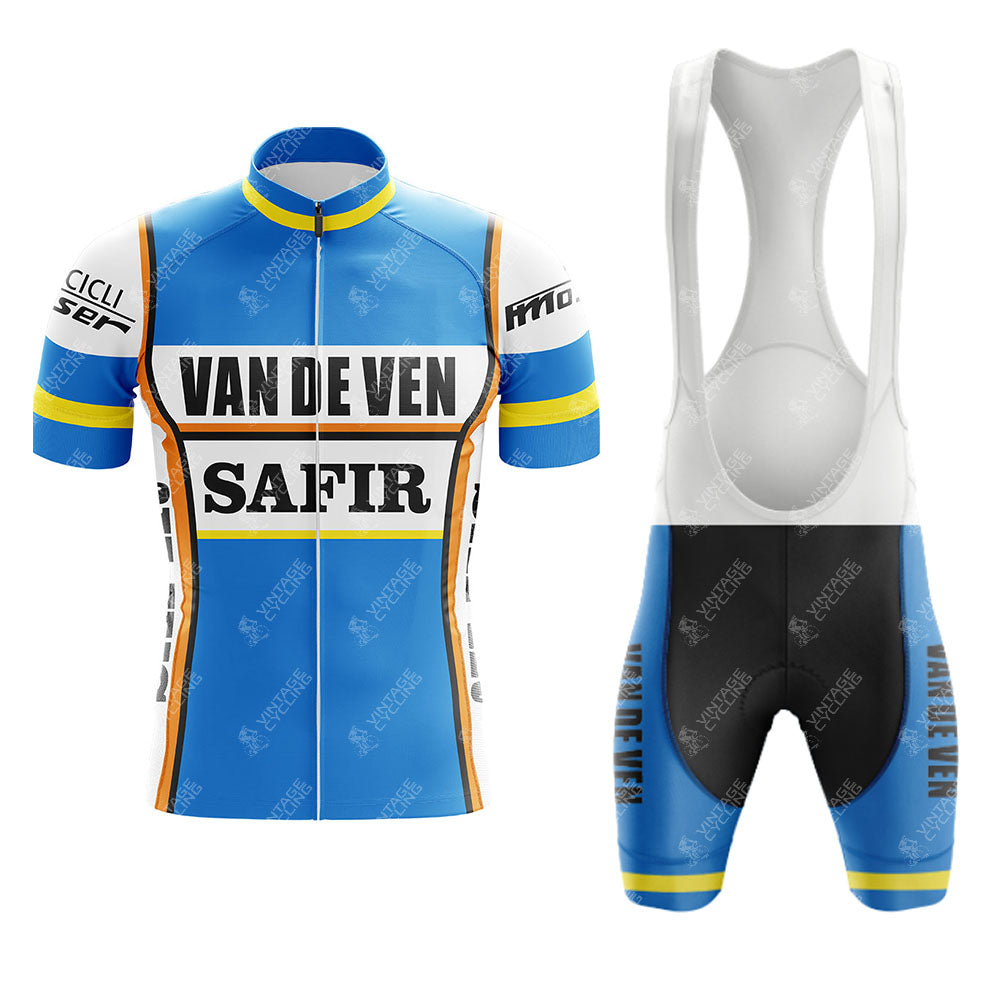 The Salvarani 1972 Retro Short Sleeve Cycling Set features a blue, white, and black jersey with sponsor logos, yellow-orange accents, and classic style—perfect for cycling enthusiasts. Includes jersey and matching bib shorts.