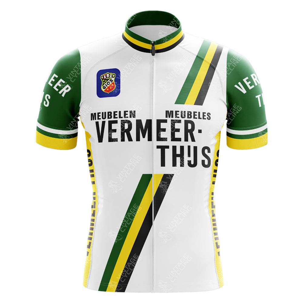The Vermeer-Thus Meubelen Retro Cycling Jersey, made from lightweight polyester, features green, yellow, and black stripes on a white background with VERMEER THUJS text and logo on the chest. Green sleeves display the white text VERMEER-THUS MEUBELEN.
