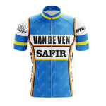 The Salvarani 1972 Retro Short Sleeve Cycling Set features a vintage blue jersey with yellow and white accents, SALVARANI boldly printed on the front, and classic sponsor logos on the sleeves and shoulders.