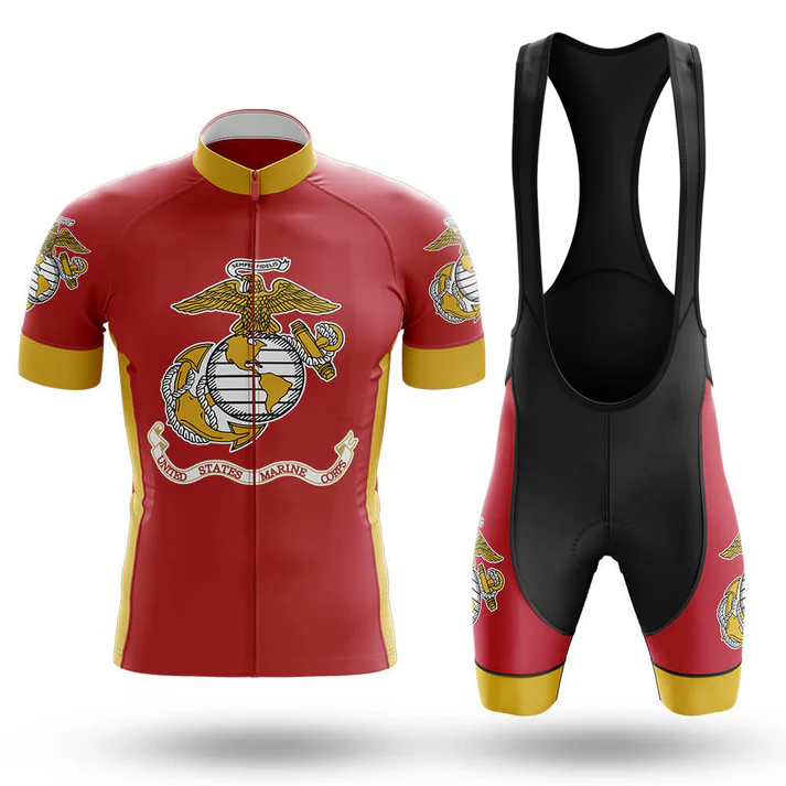 The Marines Men Short Sleeve Cycling Set features a red jersey and matching bib shorts with the USMC emblem, gold trim on sleeves, collar, and legs. Displayed on a white background, it's perfect for dedicated Marine Corps cyclists.