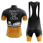 The U.S. Navy Veteran Short Sleeve Cycling Set features a black and gold jersey with “DON’T RUN ME OVER” on the back, plus matching gold-accented bib shorts—customizable cycling gear to help you stand out in style.