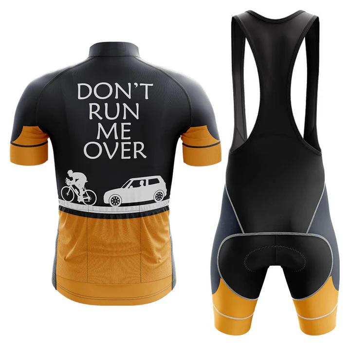 The U.S. Navy Veteran Short Sleeve Cycling Set features a black and gold jersey with “DON’T RUN ME OVER” on the back, plus matching gold-accented bib shorts—customizable cycling gear to help you stand out in style.