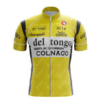 The yellow and white short-sleeve jersey from the 1983 del tongo Retro Short Sleeve Cycling Set features a vintage design, iconic team look, and classic logos like COLNAGO and Campagnolo, with black and gray accents enhancing its appeal.