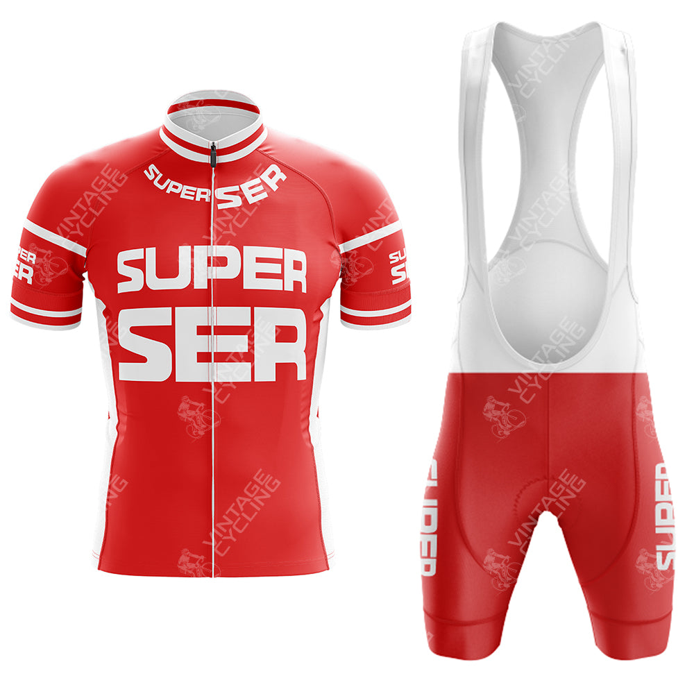 The Mercatone Uno Retro Short Sleeve Cycling Set includes a red jersey and bib shorts with the classic SUPER SER in white text. The jersey has short sleeves with white stripes, a zip-up front, and coordinating red shorts featuring white straps and leg text.