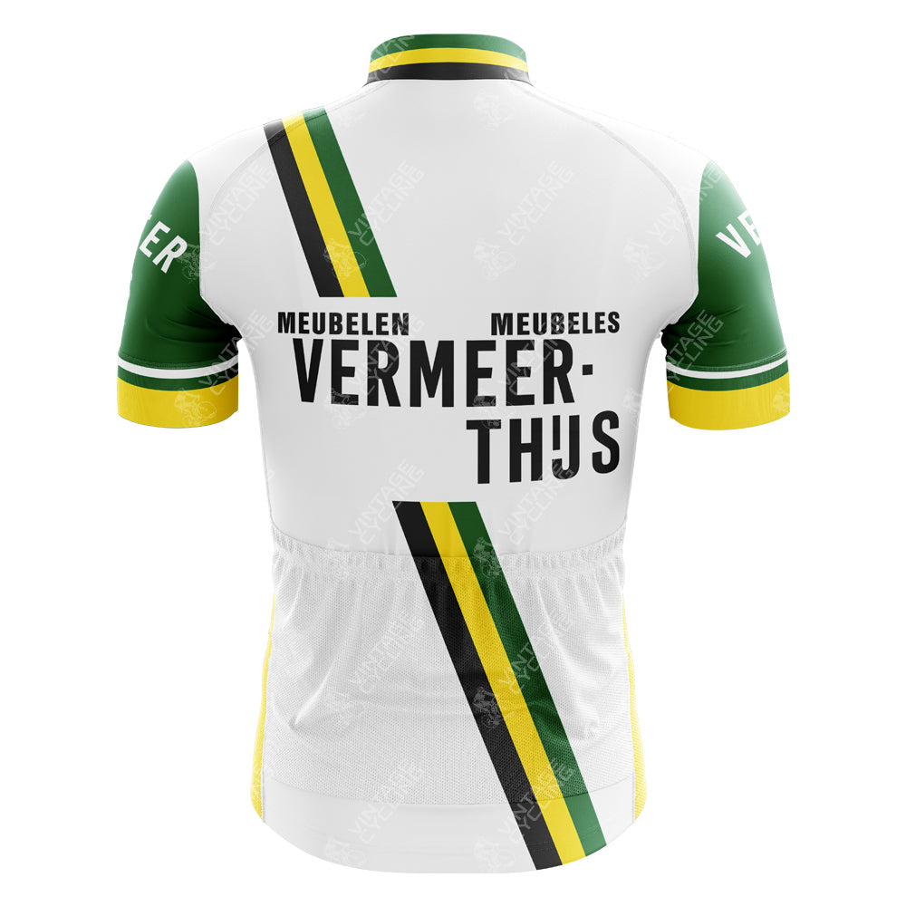 The back of the Vermeer-Thus Meubelen Retro Cycling Jersey showcases green, yellow, and black stripes with VERMEER-THIJS, MEUBELEN, and MUEBELES printed. Made from lightweight polyester, the green sleeves also feature the VERMEER logo.