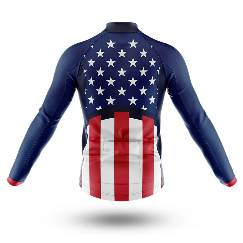 The Packers Long Sleeve Cycling Jersey features an American flag design with white stars on a blue upper section and red and white vertical stripes on the lower half, displayed from the back.