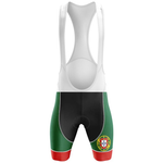 The Peeking Black Cat Men Short Sleeve Cycling Set features a striking white upper, green and black lower bib shorts, red leg cuffs, and a Portuguese flag emblem—perfect for pairing with your performance cycling jersey.