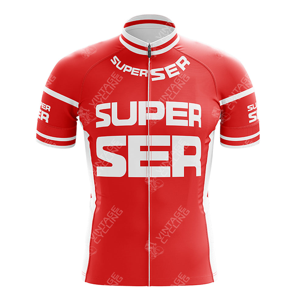 The Mercatone Uno Retro Short Sleeve Cycling Set boasts a vibrant red jersey with SUPER SER in bold white across the front and sleeves, a front zipper, and stylish white side accents.