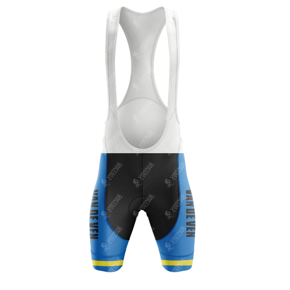 Rear view of the Salvarani 1972 Retro Short Sleeve Cycling Set: bib shorts with white straps, black center panel, and blue legs with yellow stripes and VALIDEVEN printed vertically on each leg. Perfectly paired with the short sleeve jersey.