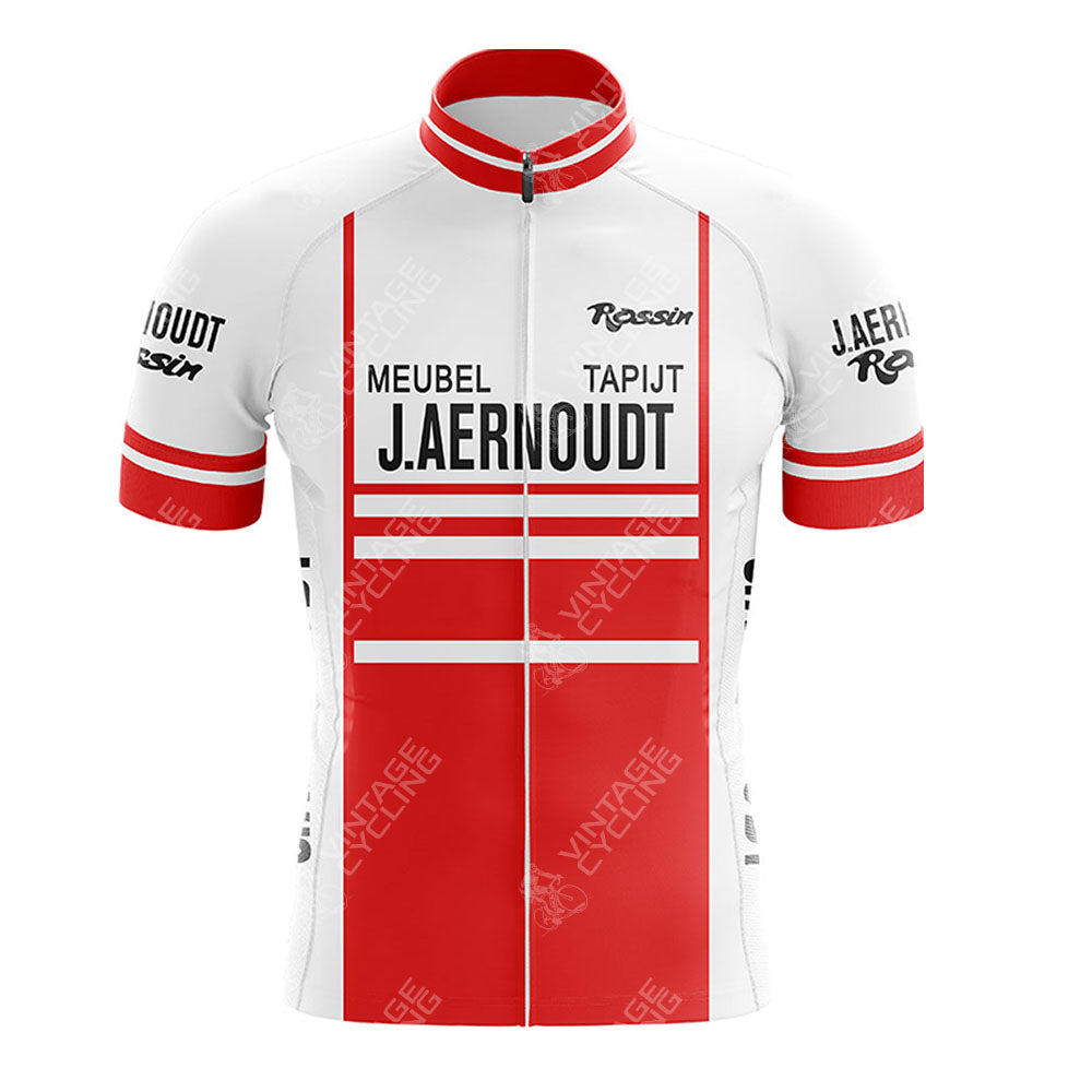 The Jacky Aernoudt Meubel Rossin Retro Short Sleeve Cycling Set features a jersey adorned with white and red vertical stripes and bold MEUBEL TAPIJT J. AERNOUTD. text, along with additional branding on the sleeves and collar, making it a standout in any cycling collection.