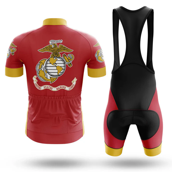 The Marines Men Short Sleeve Cycling Set features a red and yellow jersey with the USMC emblem on the back, paired with black bib shorts accented in matching red and yellow.