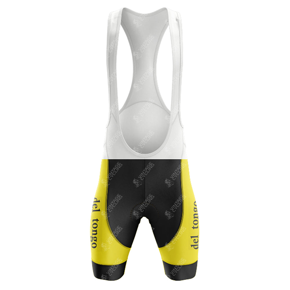 The vintage style of the 1983 del tongo Retro Short Sleeve Cycling Set is highlighted by yellow and black bib shorts with del tongo text on the legs, complemented by white shoulder straps against a plain backdrop.