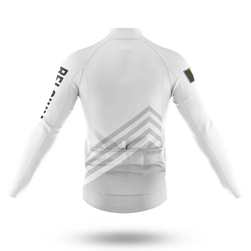 The Austria Black Men Long Sleeve Cycling Jersey is shown from the back, with gray chevron stripes on the lower back, black text on the right sleeve, and a yellow-black patch on the left upper arm—perfect for cool-weather rides.